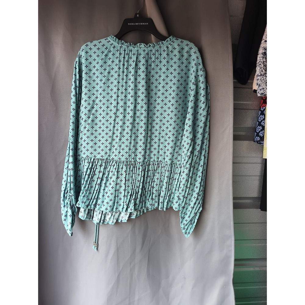 Time and Tru Teal Geometric Floral Peasant Top Long Sleeve Ruffle Neck L 12-14 - Picture 3 of 3